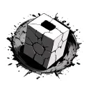 “A three-dimensional cube, slightly tilted, stuck halfway inside a circular hole. The hole has visible cracks around its tattoo design idea