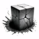 “A three-dimensional cube, slightly tilted, stuck halfway inside a circular hole. The hole has visible cracks around its tattoo design idea