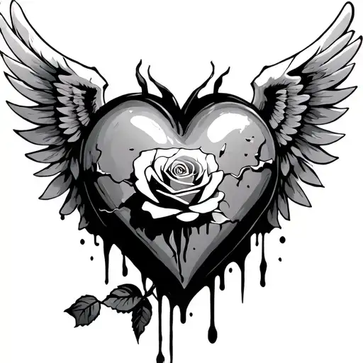 Broken heart with a bloody rose through the middle with wings tattoo design idea
