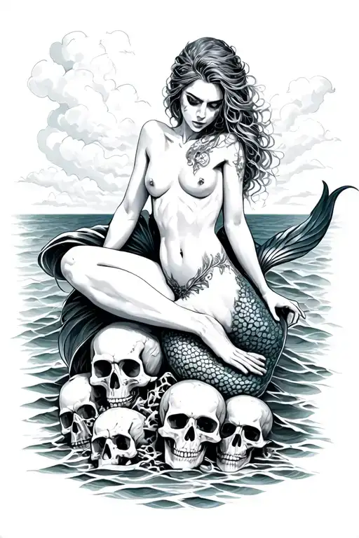 evil mermaid with tail topless sitting on a pile of skulls with an ocean background  tattoo design idea