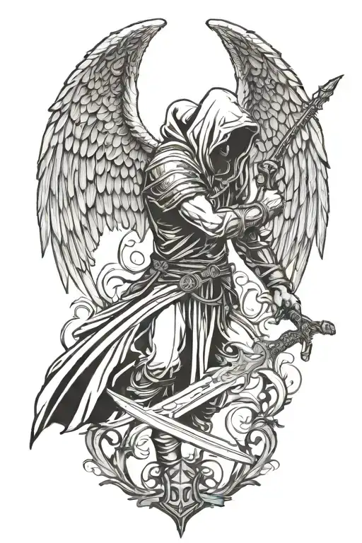 hooded arch angel with wings holding a sword downwards  tattoo design idea
