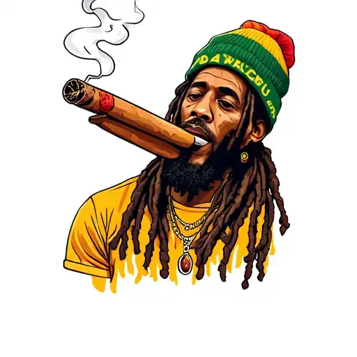 cooked rotisserie chicken smoking a blunt while wearing a beanie. looking like bob marley tattoo design idea