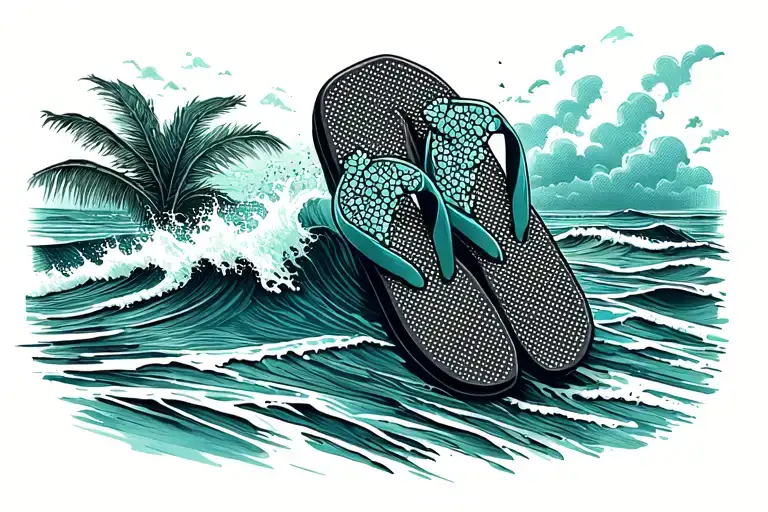 flip flops and waves crashing in the background tattoo design idea