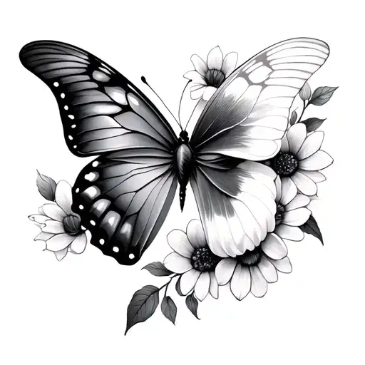 half butterfly half flowers tattoo design idea