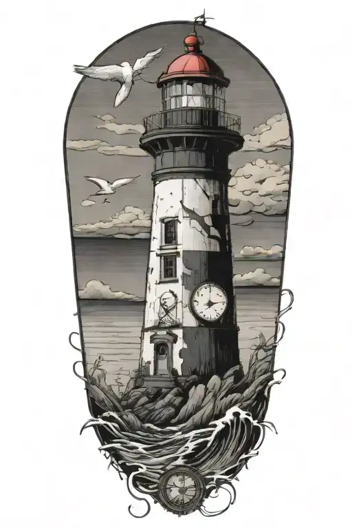 lighthouse, compass, heart, calm ocean, seagull, 1924 tattoo design idea