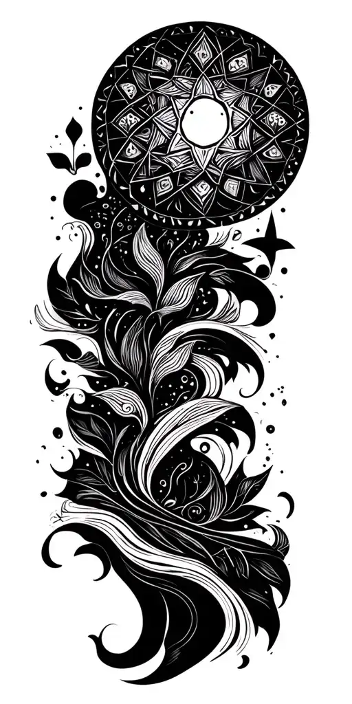 flowing narrative moving from mandala science, woodworking, family and hime,whimsy, geometric, funny scene, loss & hurt tattoo design idea