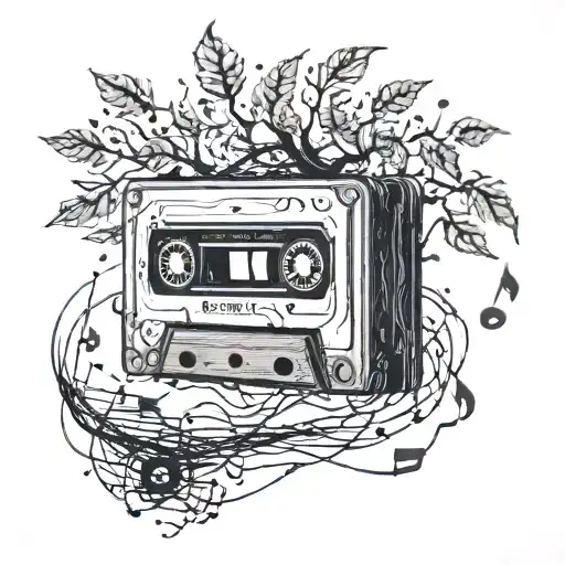 A cassette tape morphing into a tree with musical notes as leaves tattoo design idea