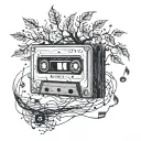 A cassette tape morphing into a tree with musical notes as leaves tattoo design idea