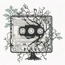 A cassette tape morphing into a tree with musical notes as leaves tattoo design idea