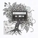 A cassette tape morphing into a tree with musical notes as leaves tattoo design idea