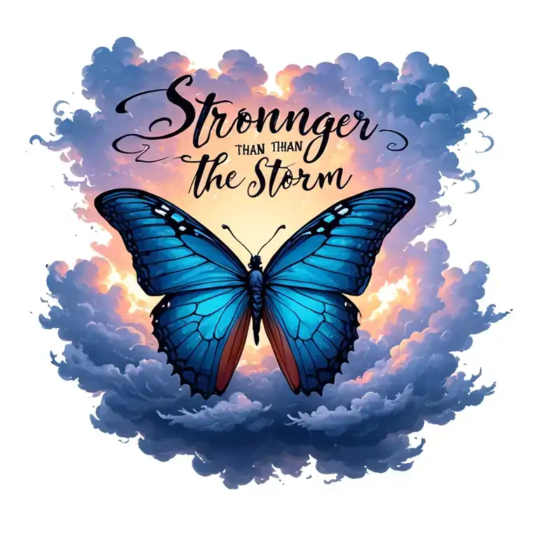 "Stronger than the storm" butterfly emerging from storm clouds forming the shape tattoo design idea