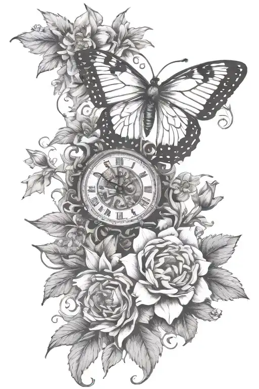 daffodil larkspur chrysanthemum flowers intertwined with theee clocks tattoo design idea