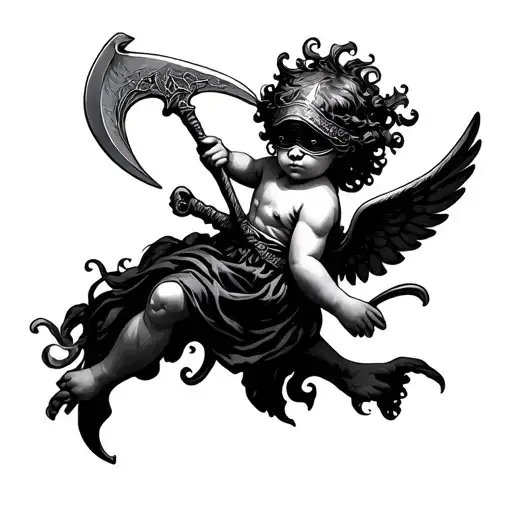 cherub blindfold holding scythe hovering tattoo design idea