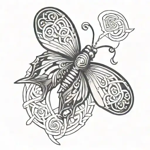 A norse-inspired butterfly with celtic dragonfly  tattoo design idea