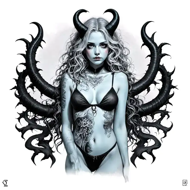 Sexy Pale Girl, Petite, Big Boobs, Wide Hips, G-string. Messy Hair, Demonic Horns, Sexual.... Tattoo on hood tattoo design idea