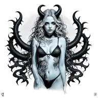 Sexy Pale Girl, Petite, Big Boobs, Wide Hips, G-string. Messy Hair, Demonic Horns, Sexual.... Tattoo on hood tattoo design idea