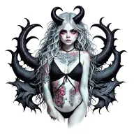 Sexy Pale Girl, Petite, Big Boobs, Wide Hips, G-string. Messy Hair, Demonic Horns, Sexual.... Tattoo on hood tattoo design idea