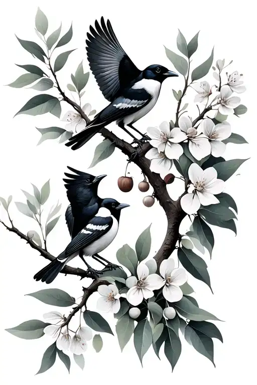 Two Australian magpies, one sits on a flowering gum branch, one flying home, branch has gumnuts and eucalyptus leaves tattoo design idea
