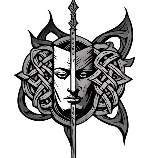 Celtic knot shield with faces merged together tattoo design idea