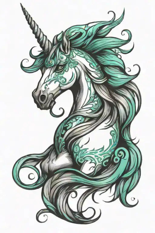Black and White alicorn with green, teal, and turquoise in the mane  tattoo design idea
