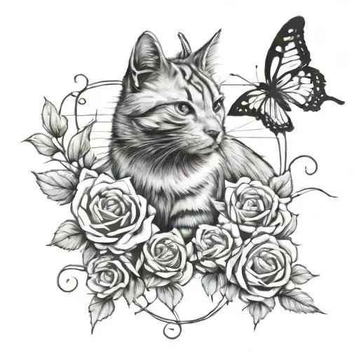 cat looking up, roses, barb wire wrapped, butterfly  tattoo design idea