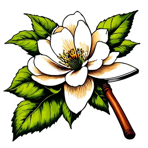 shovel through a magnolia flower tattoo design idea