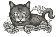 Heartbeat line with heart, silhouette of a cat, paw and sun and sea wave tattoo design idea