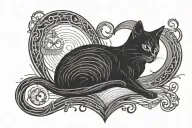 Heartbeat line with heart, silhouette of a cat, paw and sun and sea wave tattoo design idea