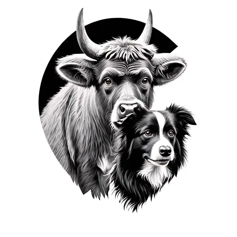 an ox and a monkey and a border collie portrait tattoo design idea