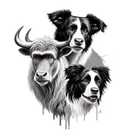 an ox and a monkey and a border collie portrait tattoo design idea