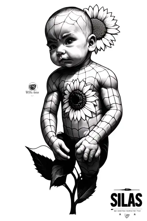 "Silas" black and white pencil tattoo sketch, realistic linework, sleeve tattoo design, small baby spiderman with sunflower  tattoo design idea