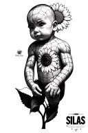 "Silas" black and white pencil tattoo sketch, realistic linework, sleeve tattoo design, small baby spiderman with sunflower  tattoo design idea