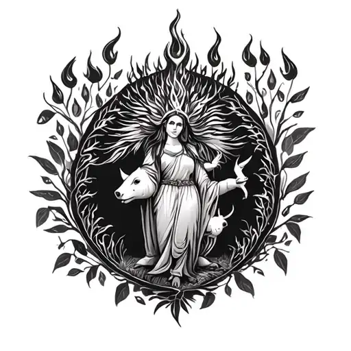 hestia goddess with fire, pig, donkey and chaste tree tattoo design idea