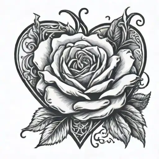 Love Heart tattoo with a rose and the letter N prominantly inside the heart tattoo design idea