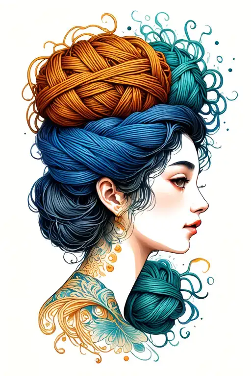 female face side profile with yarn exploding from top of head depicting tangled thoughts  tattoo design idea
