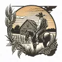 old barn sunset scene  corn stalk framing scene cowboy silhouette tattoo design idea