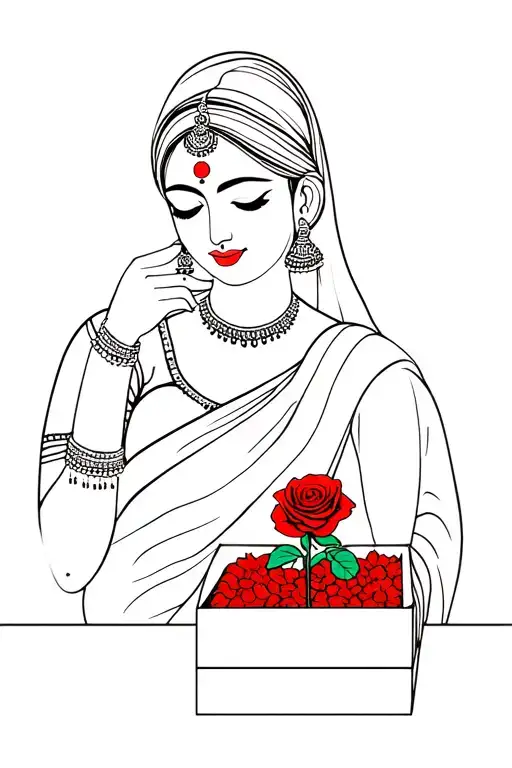 Indian lady wearing traditional saree and jewellery smelling a rose encased in a box. fine line red and black. tattoo design idea