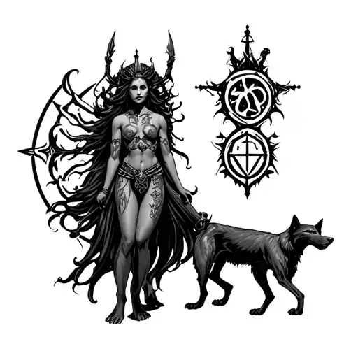 hecate goddess with her sigils and her hellhounds incorporated  tattoo design idea