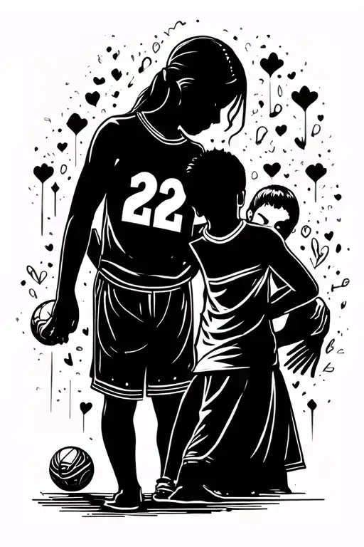 a tattoo on his right calf, with a little boy with the number 22 on his back and a ball, who is being held by his mother tattoo design idea