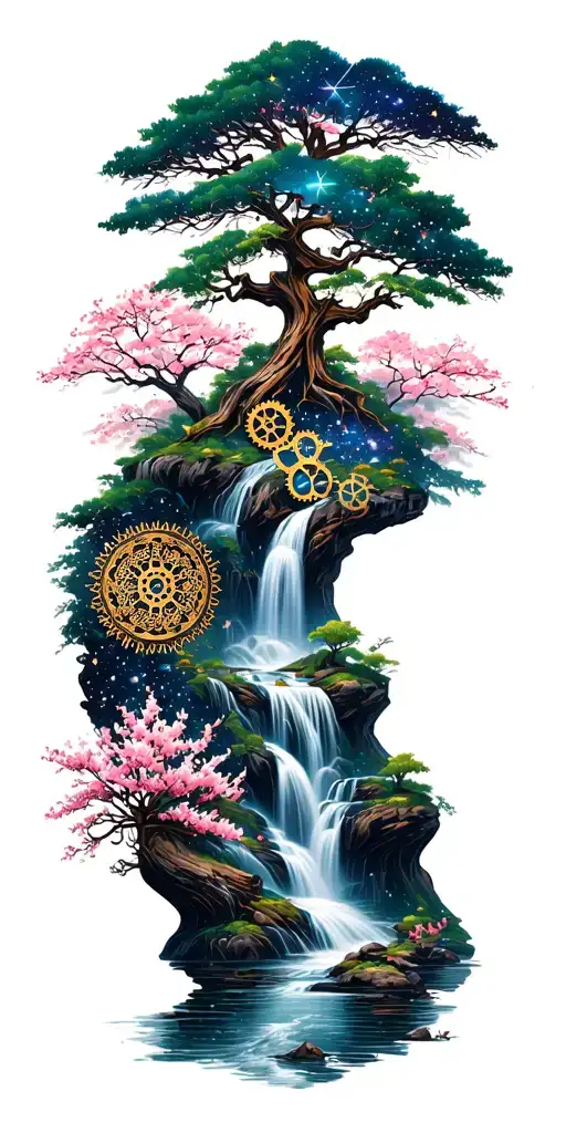 Collage of mandala Constellations, Buddhist landscape,Trees,Waterfall,Wood steampunk Gears, cherry blossoms tattoo design idea