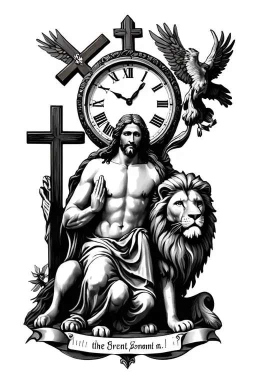 I appreciate Jesus praying at the bottom, close to the crosses, and I like the lion and the clock. I also want the quota tattoo design idea