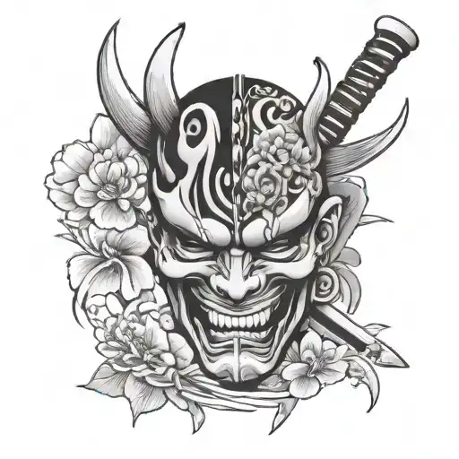 oni mask split in half with flowers inside and a katana  tattoo design idea