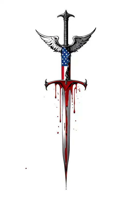 winged hilt blood dripping and tattered usa flag and sharp long blade tattoo design idea