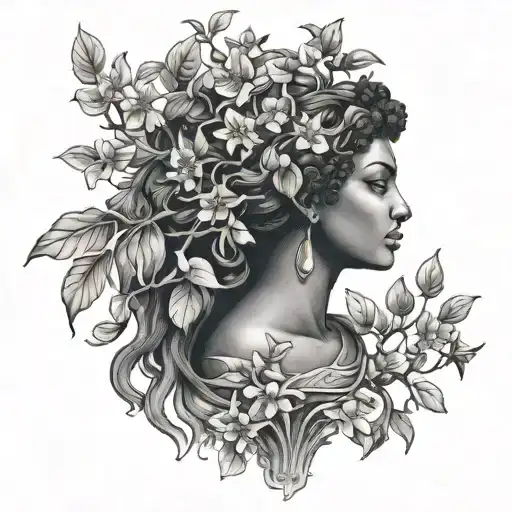 black Greek goddess Phyllis forming into an almond tree tattoo design idea
