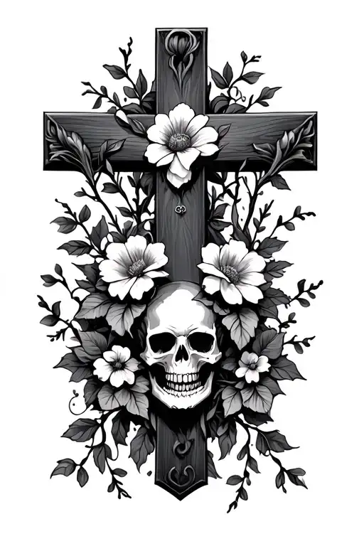 cross with flowers and vines and a skull surrounded tattoo design idea
