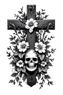 cross with flowers and vines and a skull surrounded tattoo design idea