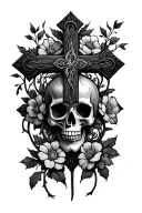 cross with flowers and vines and a skull surrounded tattoo design idea