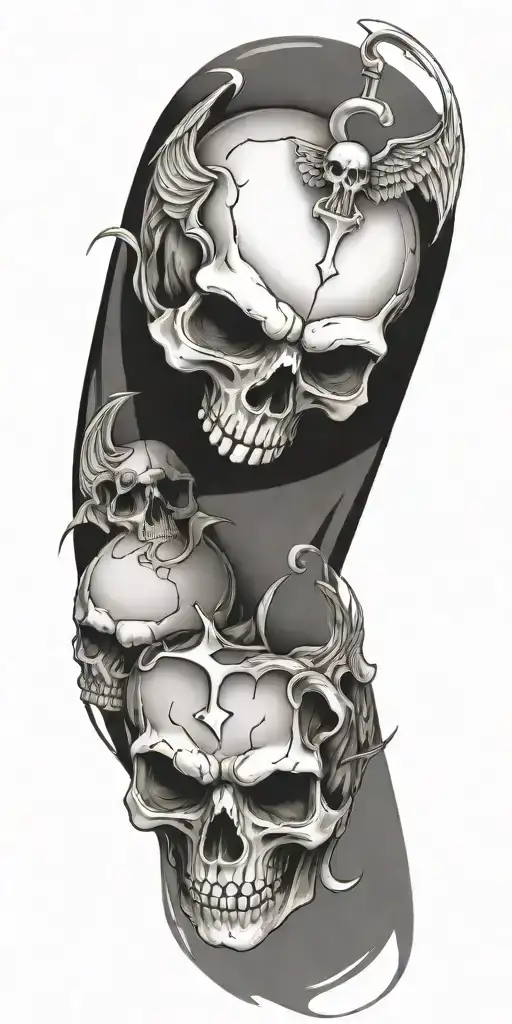 angel skull, devil skull, gritt, prison, cross, angel wings, rays tattoo design idea
