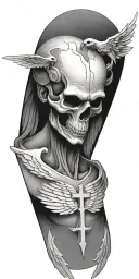 angel skull, devil skull, gritt, prison, cross, angel wings, rays tattoo design idea