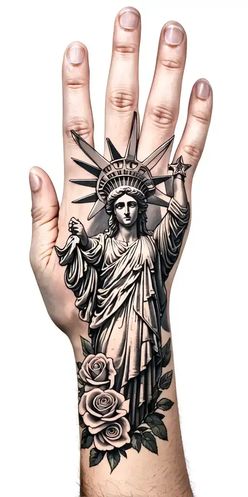 Combined tattoo on the whole hand, on the elbow of a star, there are roses with knives instead of stems, a statue of freedom tattoo design idea